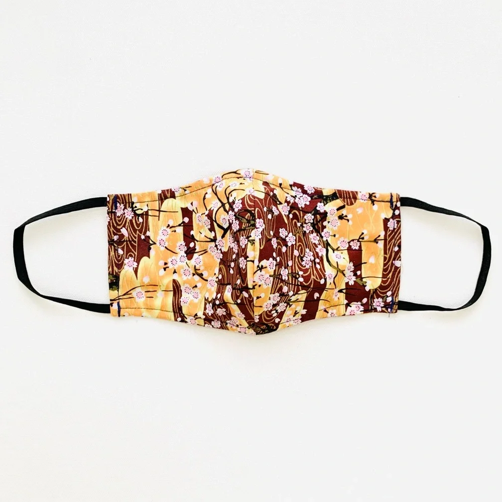 NEW Handmade Maroon Gold Cherry Blossom Print Face Mask